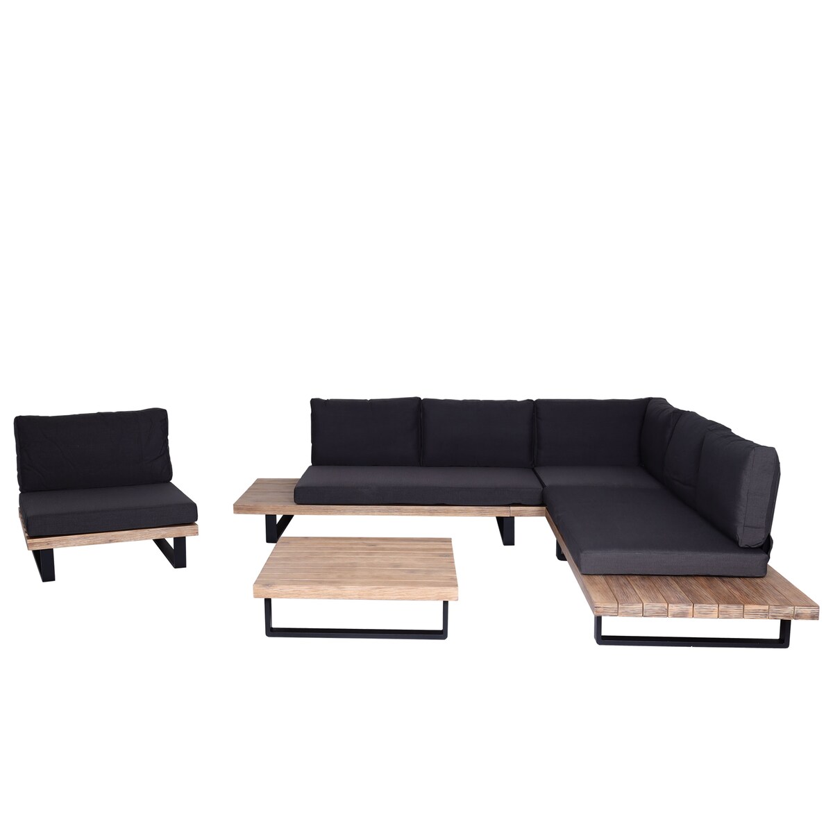 Mendler Garten-Garnitur mit Sessel HWC-H54, Lounge-Set Sofa, Spun Poly Akazie Holz FSC Aluminium ~ hellbraun, Polster dunkelgrau
