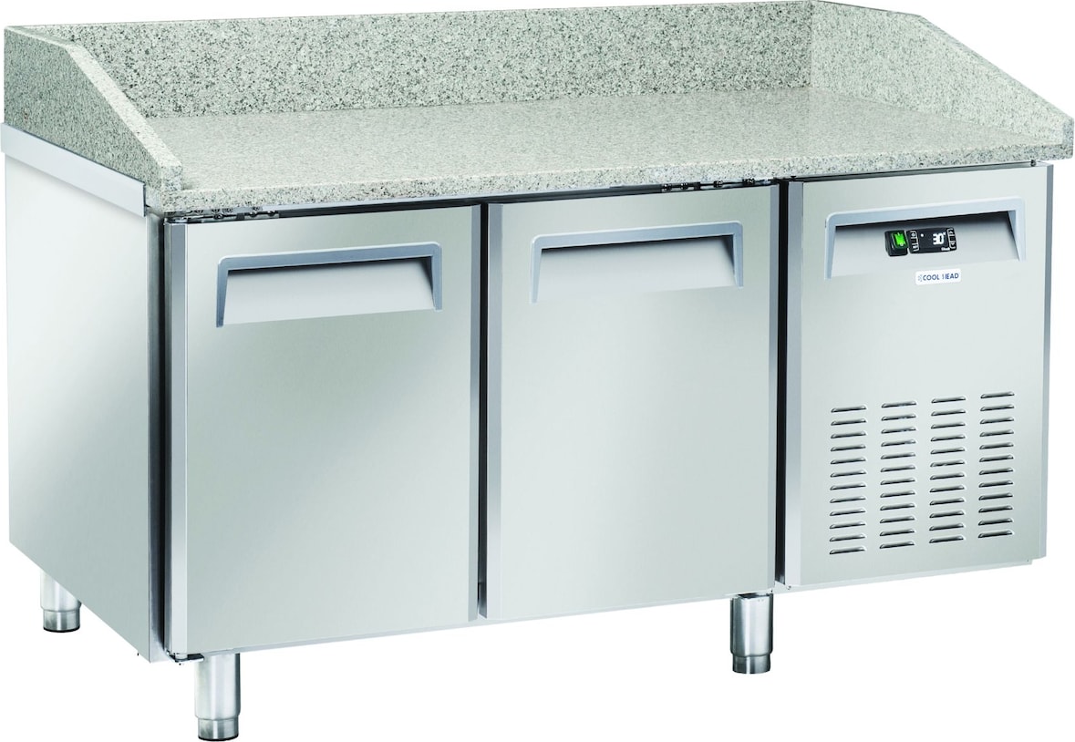 CoolHead QZ20 Edelstahl-Pizzatheke, 2 Türen, Granitplatte, automatische Abtauung, Temperatur +2°C/+8°C, Maße 150x80x104 cm