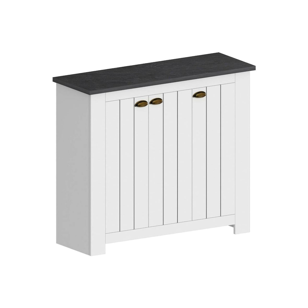 Dmora Schuhregal Dcigarin, platzsparendes Schuhregal mit 3 Türen, multifunktionale Eingangsgarderobe, 114x42h100 cm, Weiß und Schiefer