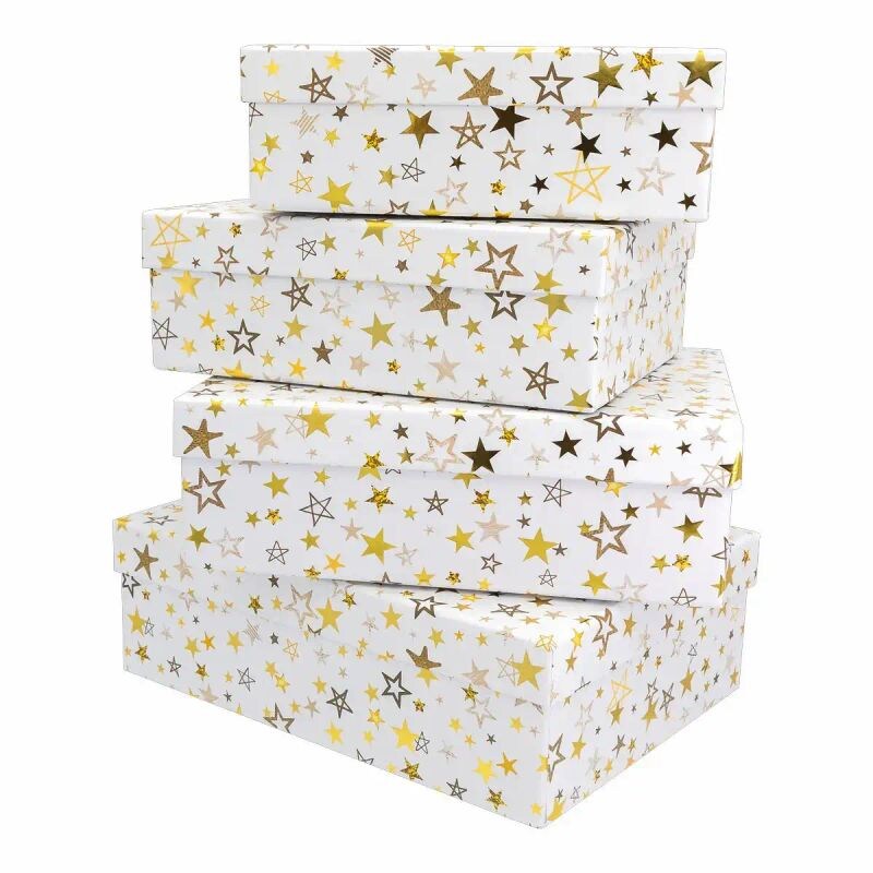 4 Geschenkboxen Sterne weiß/gold/silber Weihnachten Geschenkverpackung Geschenkkkarton