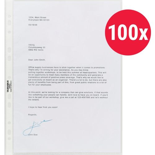 DURABLE Premium Prospekthüllen  DIN A4 Glasklar Transparent 60 Mikron PP (Polypropylen) Öffnung oben 11 Löcher 267219 100 Stück