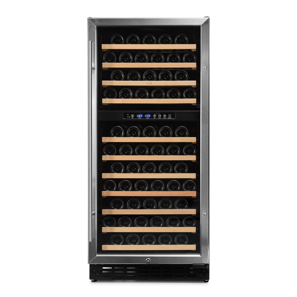 Vinoteca Vinobox 110 2T inox 110 botellas 2 temperaturas, de 5º a 10º y de 10º a 18ºC, 210 W, 11 baldas de madera extraíble