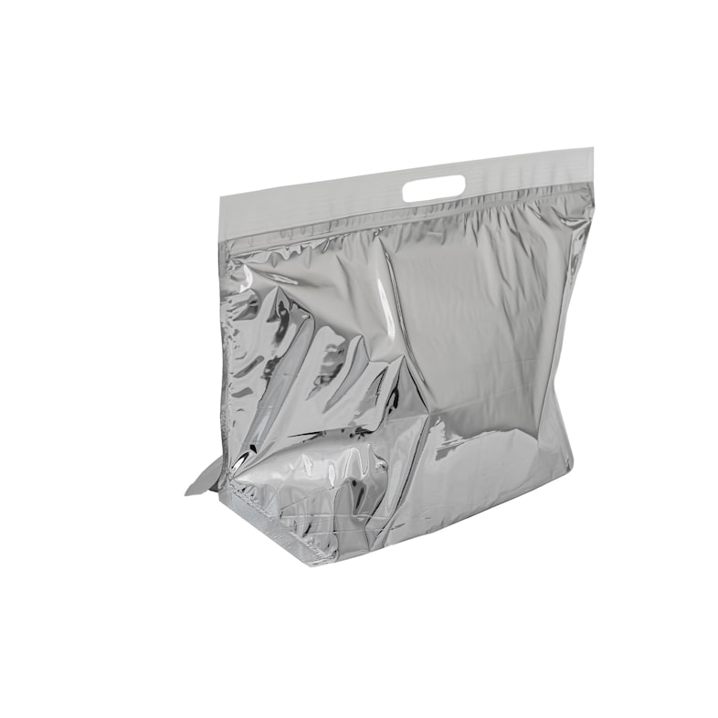 Sac panier plastique isotherme métallisé 36 x 20 x 15 cm  (ouverture x hauteur x soufflet) - volume 10L - isolant mousse PE - par 100 unités