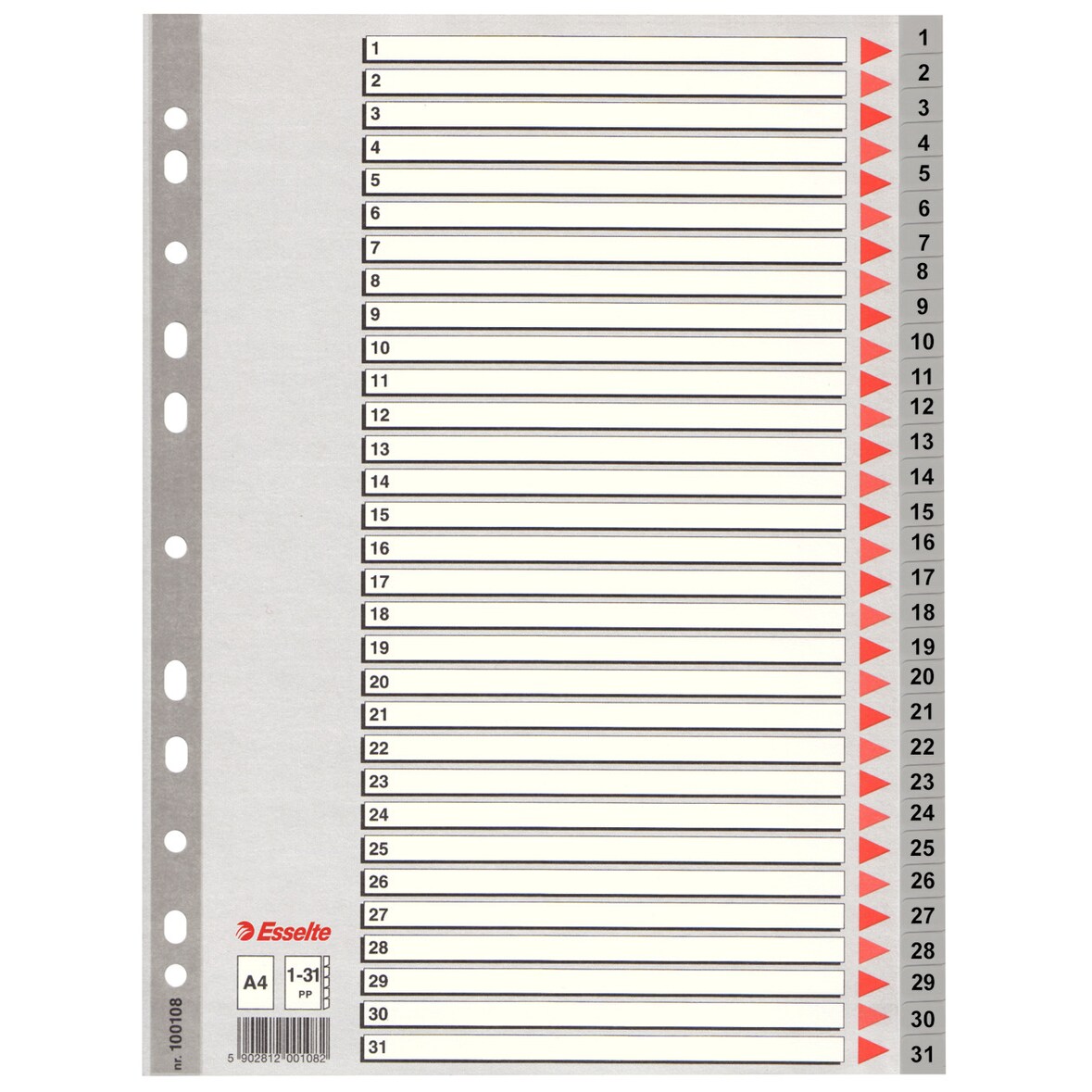 Índice multitaladro Esselte. DIN A4. Cartulina índice color. Pestañas 1-31 PP, gris . Pack de 10