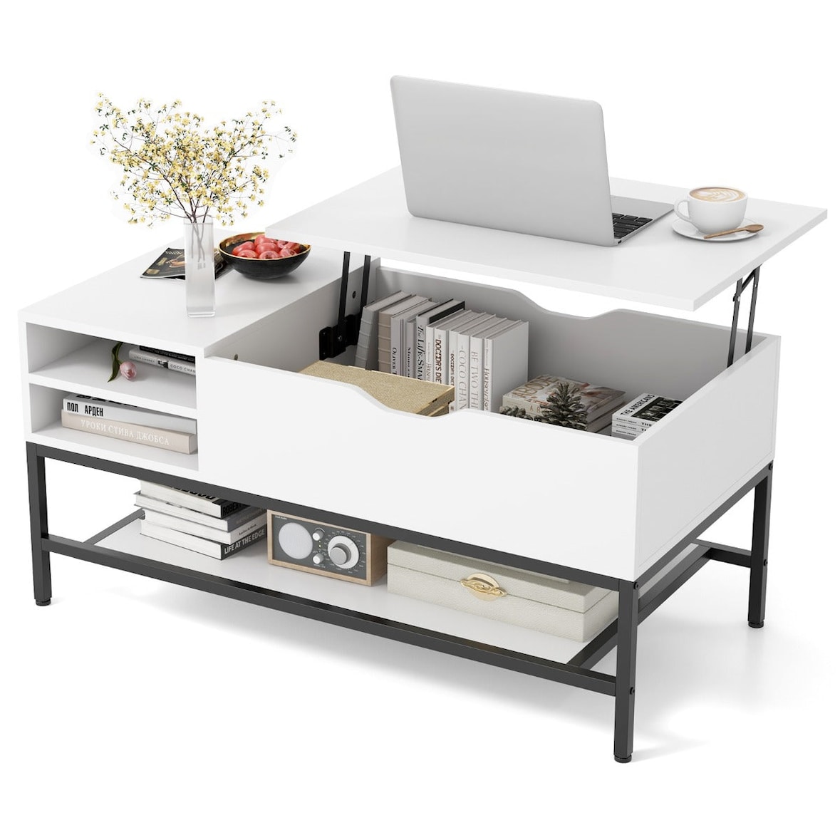Helloshop26 - Table basse relevable 100 x 49,5 x 61 cm avec rangement caché style industriel en bois d'ingénierie blanc 20_0013818