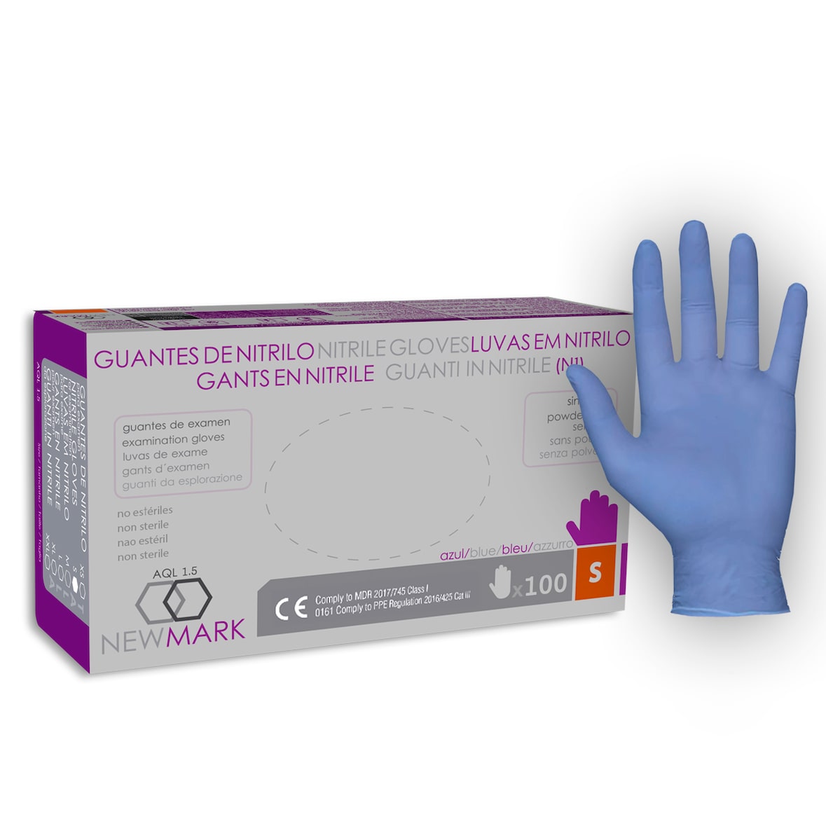 Guantes nitrilo azul para examen, cocina, limpieza, sanitario, peluquería.  5 gr.  sin polvo. 100 uds. Ambidiestro, categoría III, NEWMARK Talla S