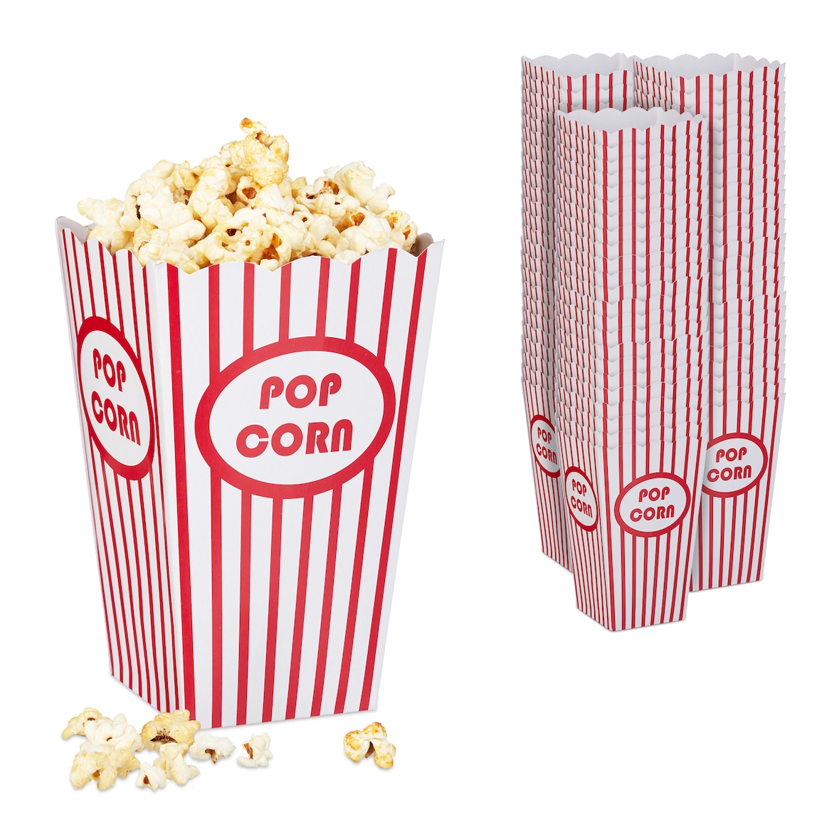Relaxdays Popcorntüten, 72er Set, gestreift, Retro-Optik, Kino, Filmabend Zubehör, Pappe, Popcornbehälter, rot/weiß