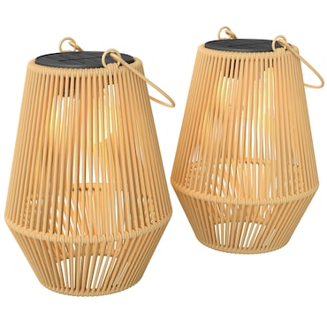 Outsunny Conjunto de 2 Candeeiros Solares de Exterior de Vime Suspensas com Ligação e Desligamento Automático IP44 Castanho