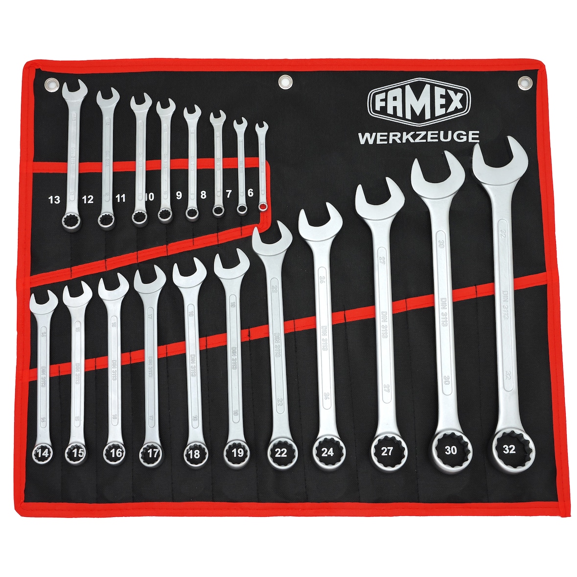 FAMEX 10349-19 Gabel-Ringschlüssel Satz in Tasche - Ringmaulschlüssel - Schraubenschlüssel Satz