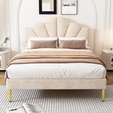 thumbnail of Polsterbett 140x190 cm aus Velours mit verstellbarem Kopfteil – Elegantes Design in Beige und goldenen Metallfüßen