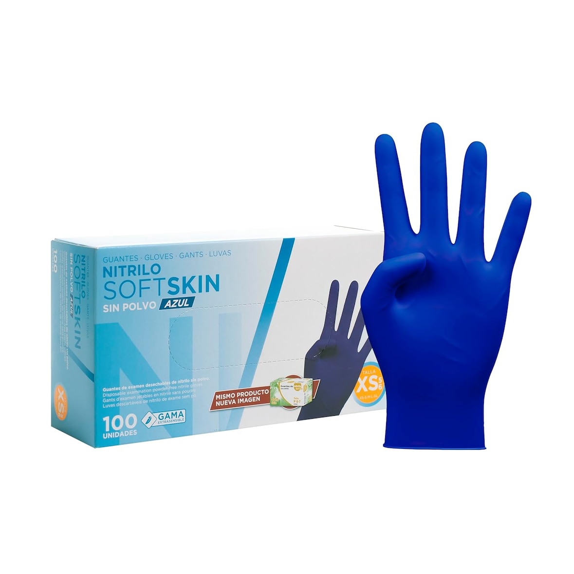 Pack 100 Guantes nitrilo desechables - Color Azul- Colección Softskim - Guantes de Látex sin Polvo - Talla XS, 100und