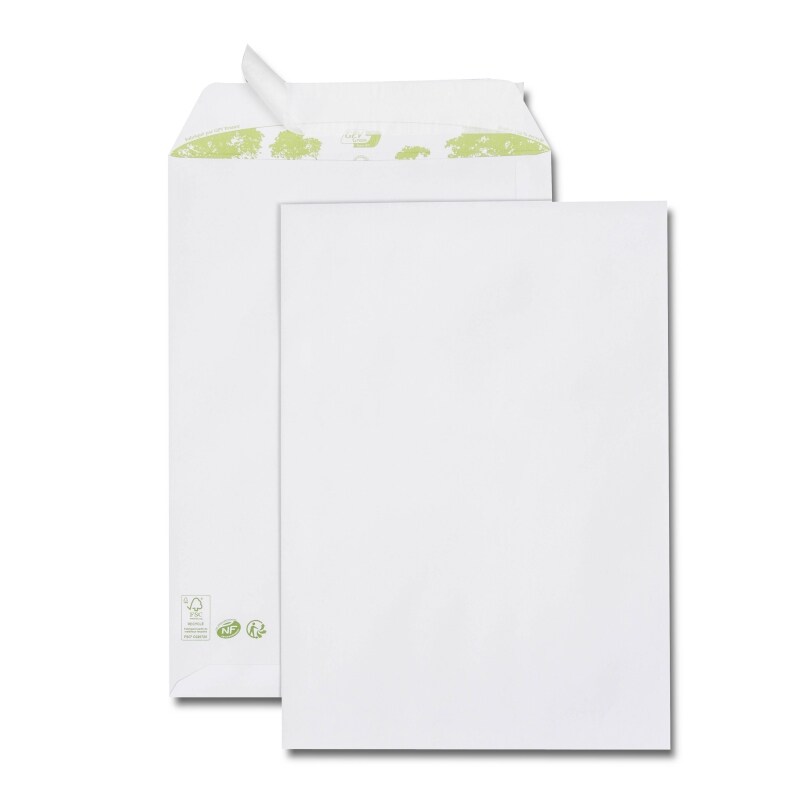 Boîte de 250 pochettes Green blanches 229x324/C4, 90 g/m², adhésives avec bande