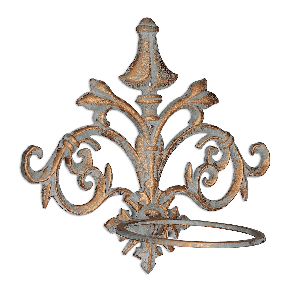 Relaxdays Wand Blumenhalter Barock, Gusseisen, Vintage Blumentopfhalter für draußen, Blumentopfring Ø 13,5 cm, gold-grau