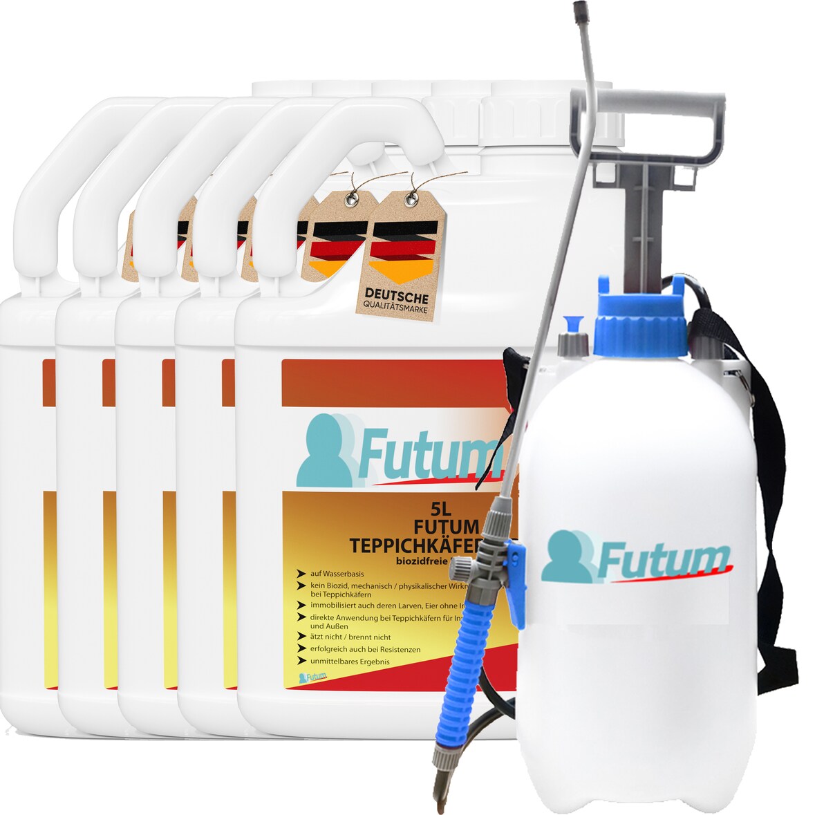 FUTUM 5x5L Teppichkäferspray bekämpft Insekten, Eier, Larven, Insektenspray ohne Biozide auf Wasserbasis,  Sofortwirkung ohne Flecken  + 5L Sprüher