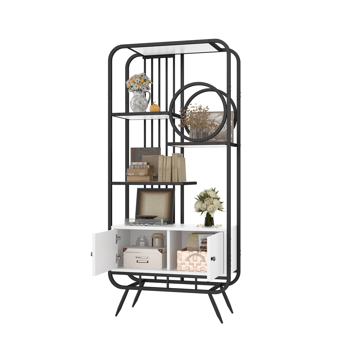 Metallregal mit Schrank Doppeltür Weiß+Schwarz 80x30x180 cm 4 Ablagen Stahlrohr MDF stabile hohe Füße modernes Design