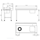 thumbnail of Tournus Standaard-aanvoertafel 1100 mm lang met wastafel  400 x 400 mm. Links inhangbaar - past op alle modellen van doorschuifvaatwassers.