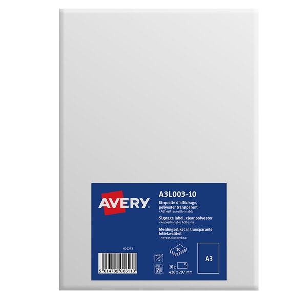 10 étiquettes d'affichage enlevables polyester transparent, format A3 (10 feuilles / cdt)