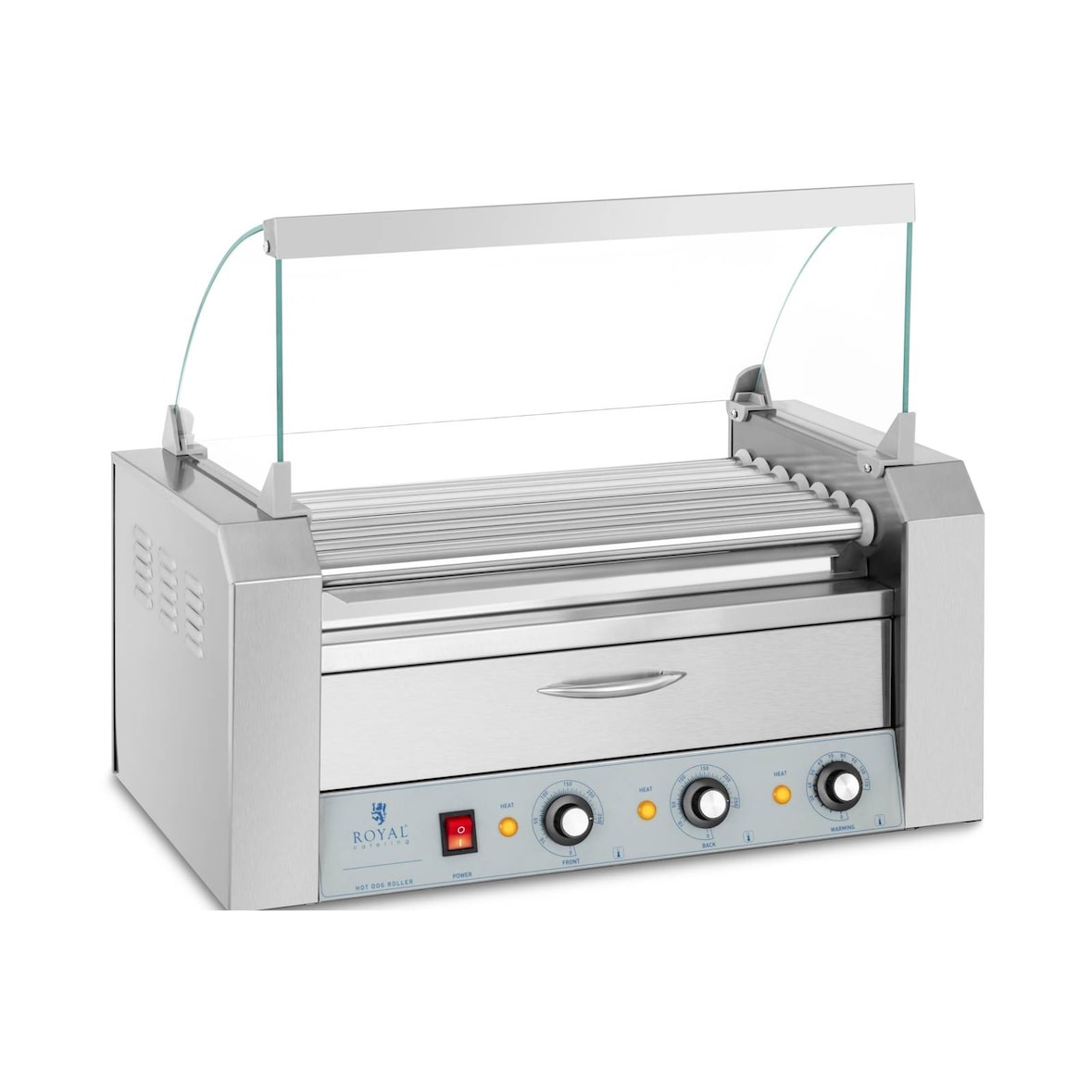 Royal Catering Asador de salchichas - 7 rodillos - cajón calentador - acero inoxidable