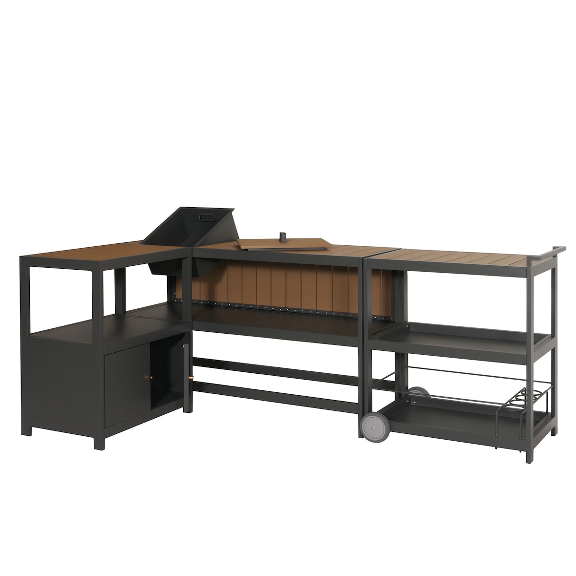 Aluminium Outdoor-Küche 3-teilig HWC-M64, Außenküche Garten Servierwagen Eiskübel Schrank ~ anthrazit, helle Holzoptik