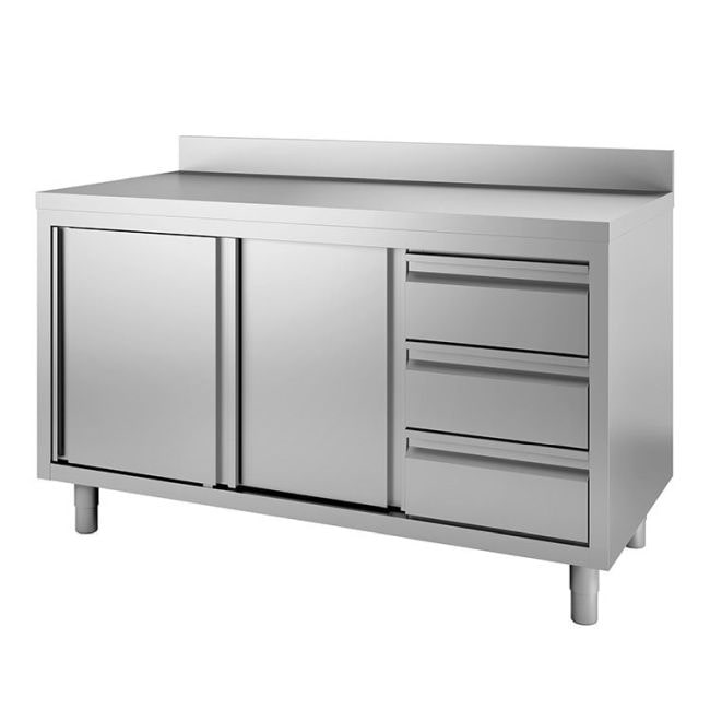 Gastro-Inox Arbeitsschrank mit Schiebetüren 3 Schubladen und Aufkantung 1800x700x880mm