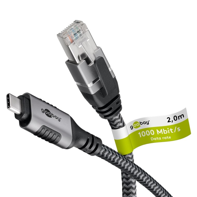 goobay 70698 goobay USB C 3.1/RJ45 CAT 6 Kabel 2,0 m grau, schwarz, 1 St.