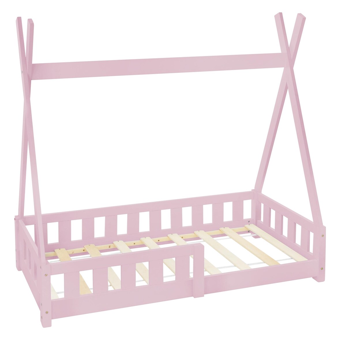 ML-Design Kinderbett Tipi 70 × 140 cm Rosa – Kiefernholz, mit Rausfallschutz & Lattenrost, Hausbett mit Zaun/Bodenbett