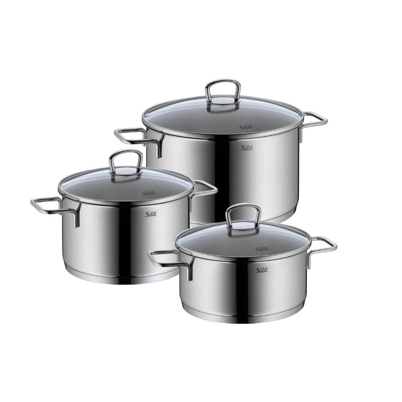 Silit Alicante Edelstahl Rostfrei Kochgeschirr-Set 3-teilig, mit Glasdeckel, Induktion Kochtopf