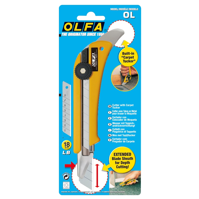 Cúter "OL" especial para corte de moquetas con bloqueo manual y cuchilla de 18mm de ancho