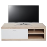 thumbnail of TV rack HWC-L33, TV board TV table lowboard TV cabinet chest of drawers, madera 43x140x41cm compartimento de almacenaje, aspecto roble, blanco