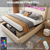 thumbnail of Polsterbett mit Stauraum und LED-Farbwechsel, hydraulischem Hebemechanismus und USB-Anschlüssen, aus Leinenstoff, 140x200 cm, Beige