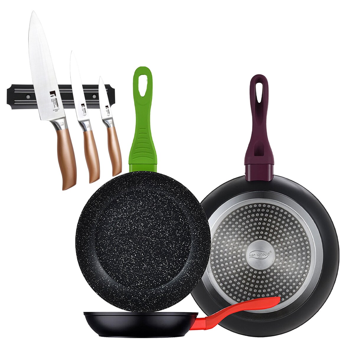 BERGNER - Set di 3 Padelle Jolie Ø20/Ø24/Ø28 cm Colore Nero con Set di 3 coltelli in acciaio inossidabile con supporto magnetico da parete
