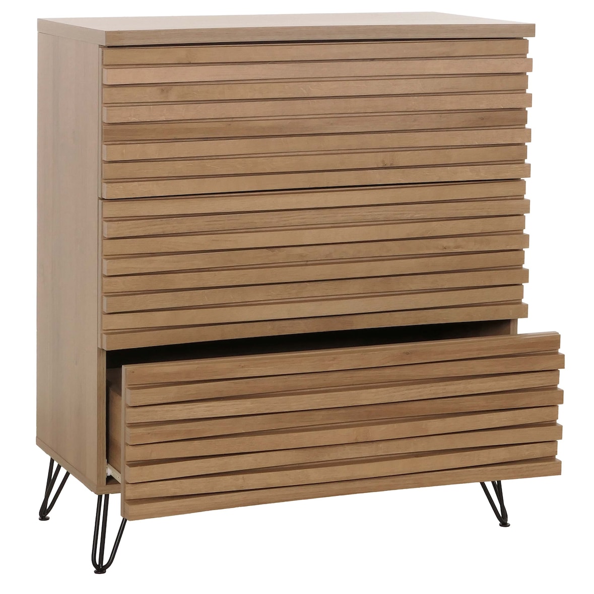 Kommode HWC-M49, Sideboard Schrank Highboard, 3D-Design 3 Schubladen MDF Metall 94x80x45cm ~ natur