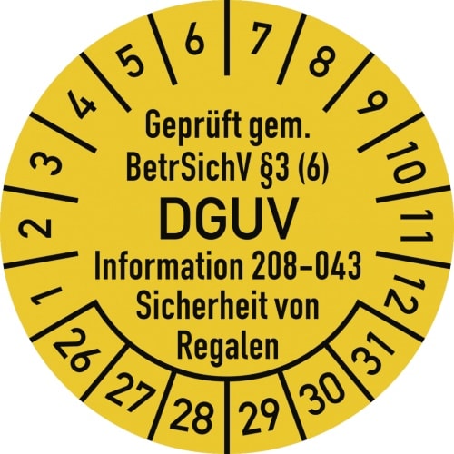Dreifke® Prüfplakette BetrSichV §3 DGUV 208-043, 2026-2031,Dokumentenf.,Ø 30mm,10 Stück/Bogen