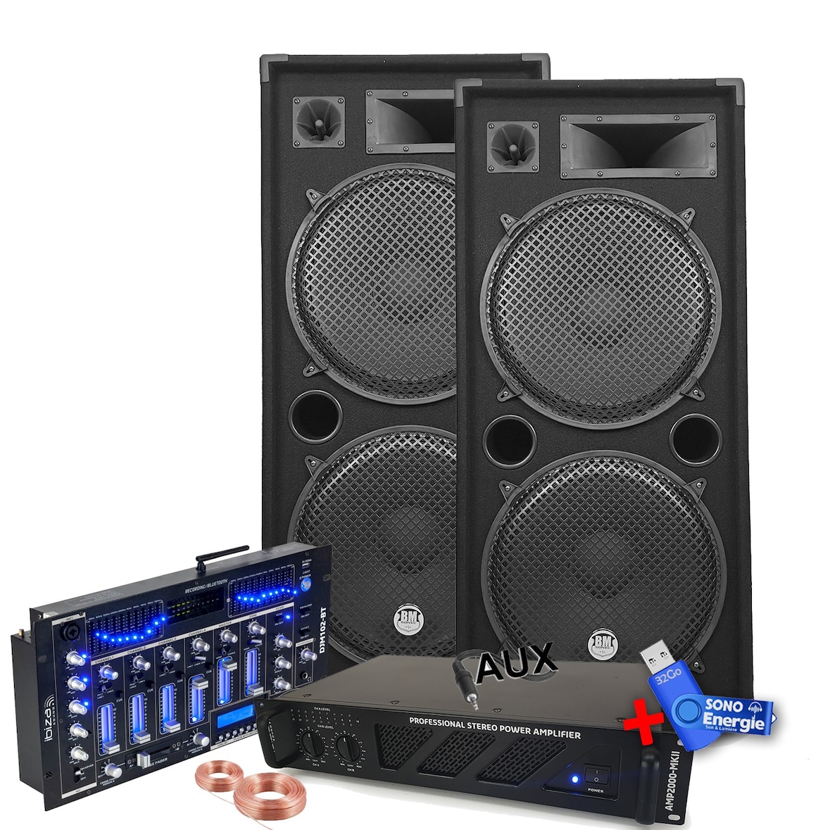 Pack Sono Ibiza Sound 4000W 2 Enceintes Bm Sonic, Ampli, Table Bluetooth/USB, Câbles , Mariage, Salle des fêtes DJ+clé USB 32Go
