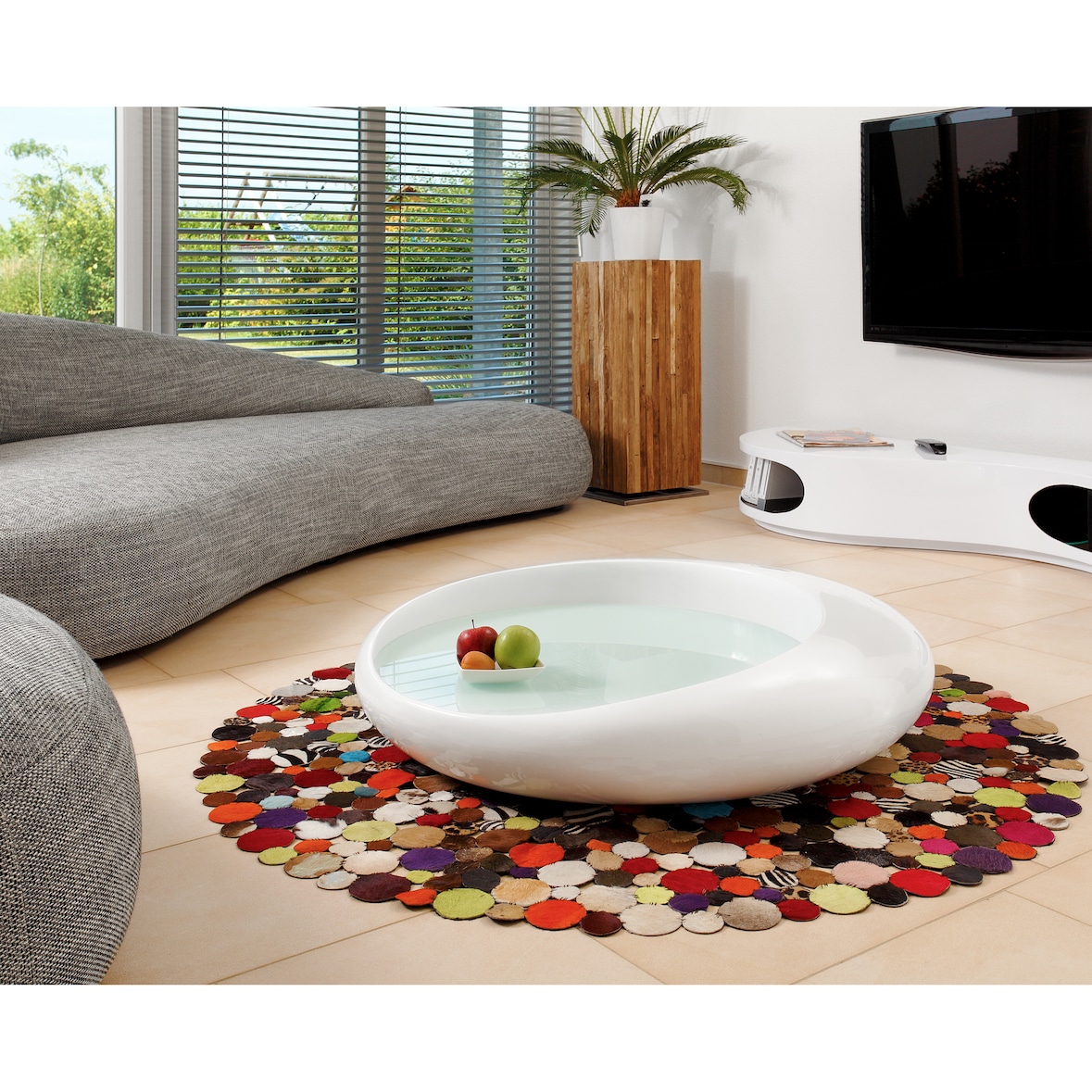 SalesFever salontafel rond | hoogglans gelakt | glasvezel | geïntegreerd wit glazen blad | B 100 x D 100 x H 25 cm | wit