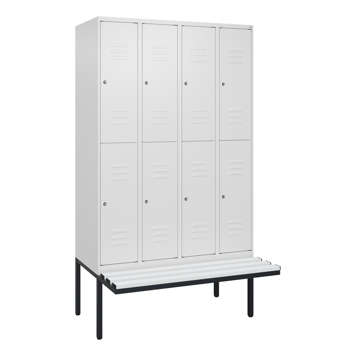 C+P Spind Classic PLUS, Kunststoff schwebende Sitzbank, 8 Abteile, HxBxT 212x120x82cm, Zylinderschloss, Verkehrsweiß von PROREGAL