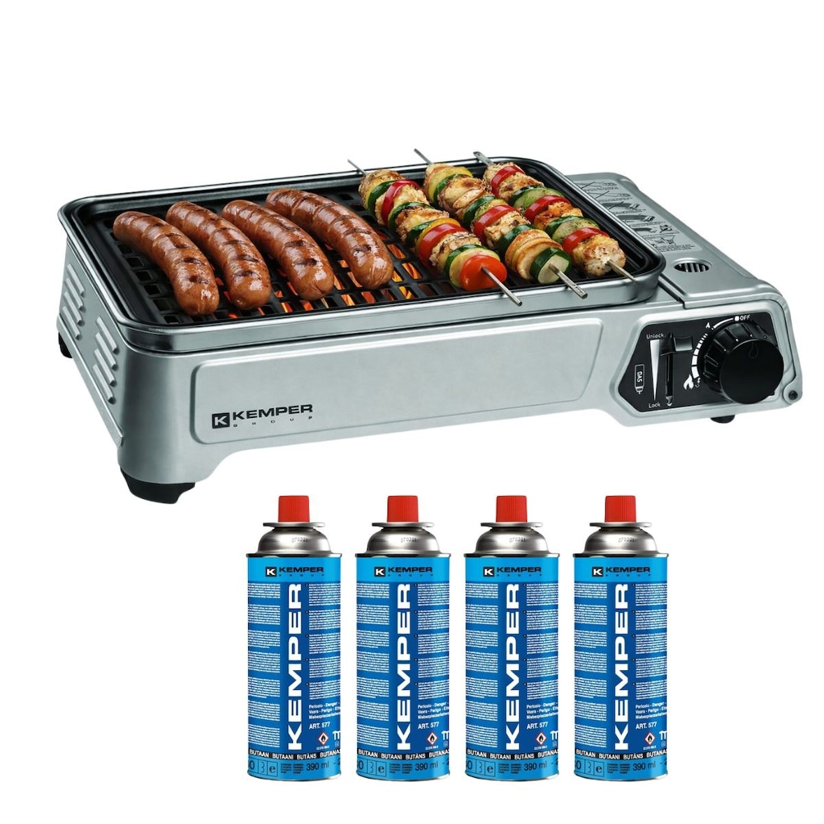 Gasgrill 1900W Antihaft-Grillrost + 4 Gaskartuschen Camping KEMPER