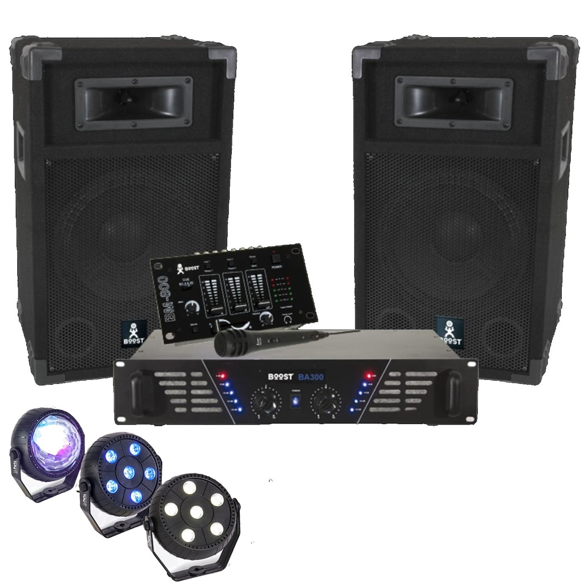 BOOST DJ-300 Pack sonorisation avec Enceintes Table de mixage Amplificateur 480W + Pack de 3 jeux lumière à led PARTY-TRIFX