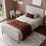 thumbnail of Polsterbett 90x200 cm mit höhenverstellbarem Kopfteil – Komfort für modernes Schlafzimmer, Grau-Beige, Massivholz, Metall, Leinen