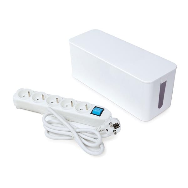 Steckdosenleiste mit Schalter und Kabelbox, 5 Steckdosen Typ E, Kabel 1.5 m, 3G1.5, Innenbereich, Weiß