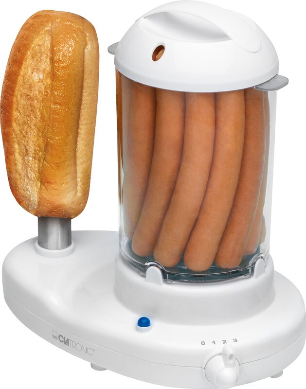 Clatronic HDM 3420 EK N Hot Dog Maschine, 1-14 Würstchen, Kochen von bis zu 6 Eiern, Brötchenhalterung 350W Weiß