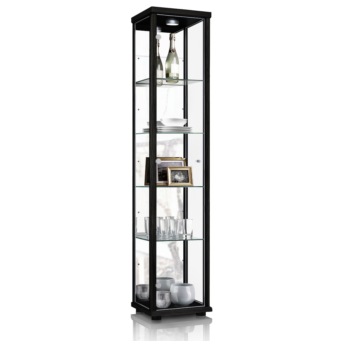 K-Möbel Vitrine en verre noir (176x37x33 cm) avec 4 étagères en verre ESG réglables en hauteur, avec miroir ; éclairée