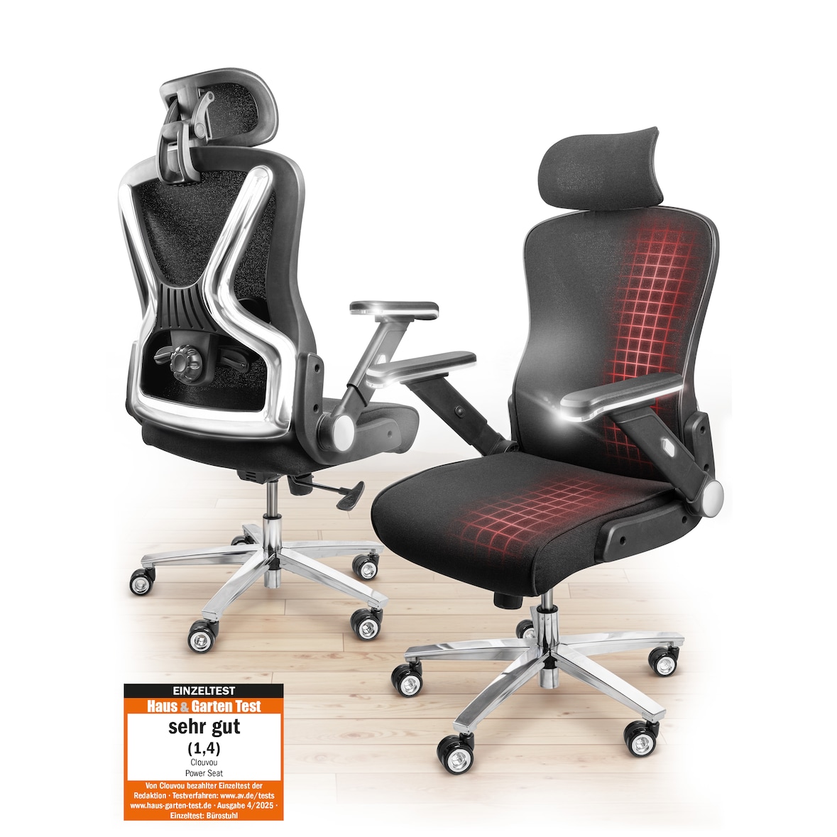 CLOUVOU PowerSeat, ergonomischer Bürostuhl, thermoregulative Materialien, 5D-Armlehnen, 3D-Kopfstütze, PhantomWheels, Schwarz