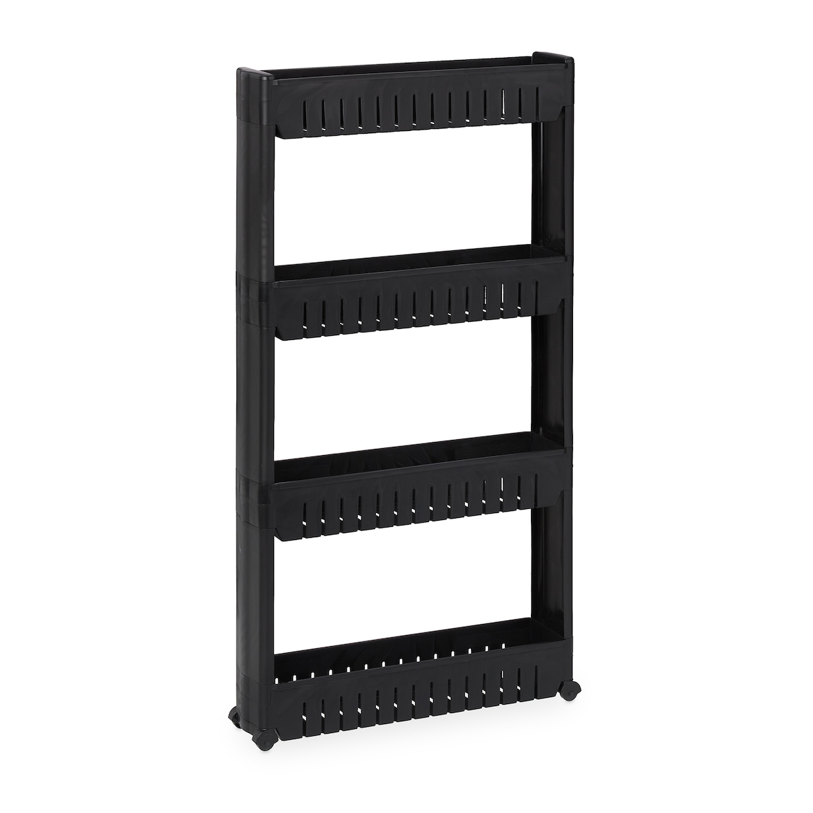 Relaxdays Nischenwagen, 4 Ablagen, schmales Nischenregal Bad & Küche, HBT 101x12,5x54 cm, Rollregal Kunststoff, schwarz