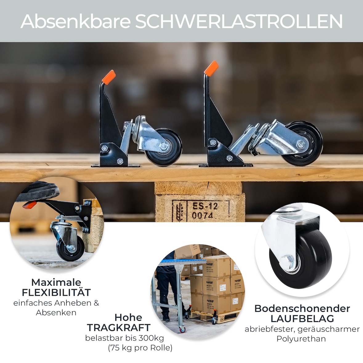 HMF 6750 Schwerlastrollen absenkbar für Werkbank, 4 Stück, 65 mm, bis 300 kg, Schwarz