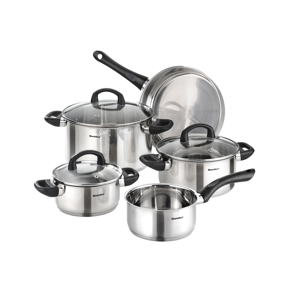 Karcher Topfset Mia aus Edelstahl, Induktion, Töpfe mit Glasdeckel / Pfanne / Stielkasserolle, 5-teilig