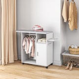 thumbnail of Mueble de planchar de madera mueble de planchado con ruedas barra para colgar ropa estante abierto y tablero plegable para dormitorio 107x42,5x99 cm