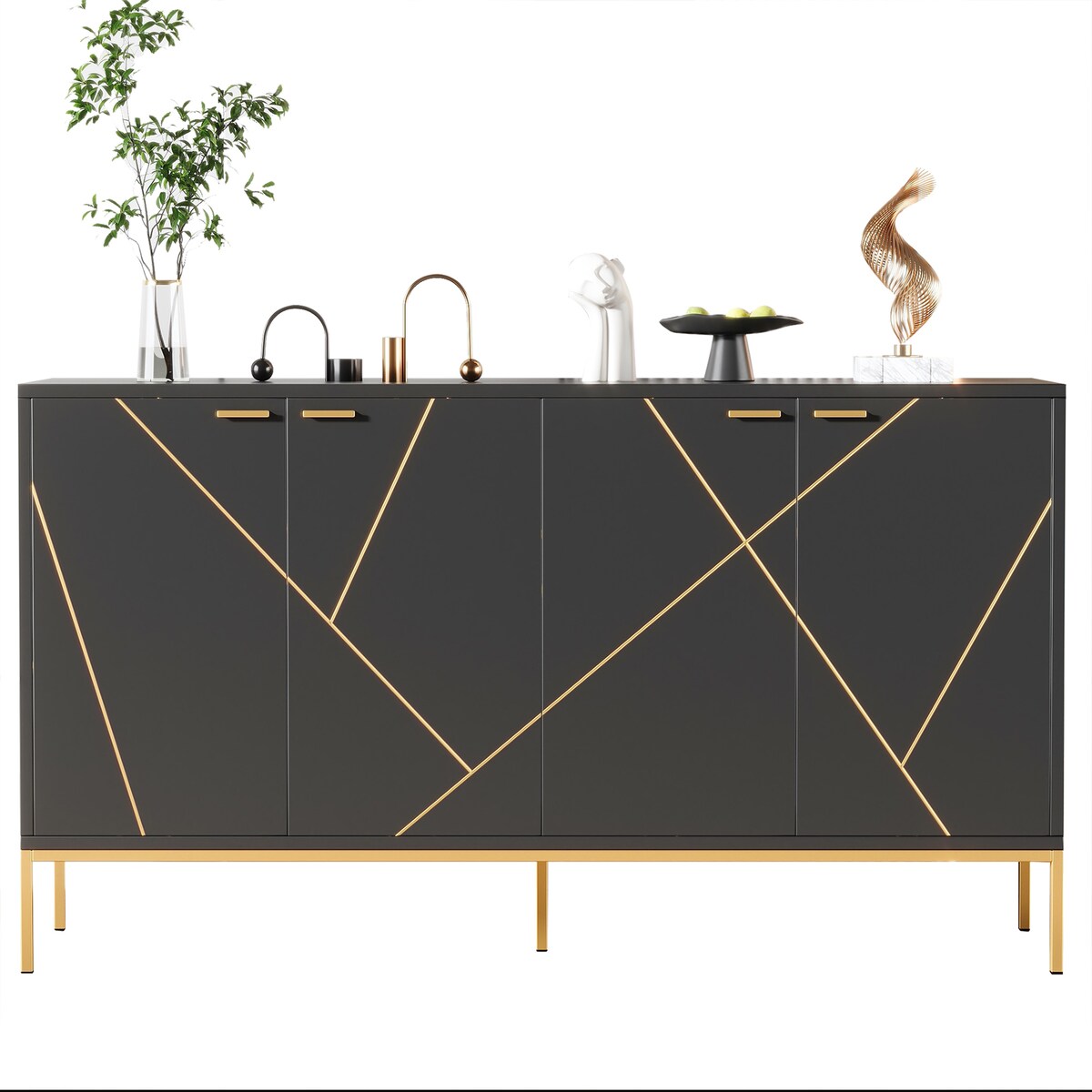 OKWISH Sideboard Anrichte 150x40x80 mit 4 Türen höhenverstellbarem Regal viel Stauraum Metallfüßen robust moderne Spanplatte SchwarzGold