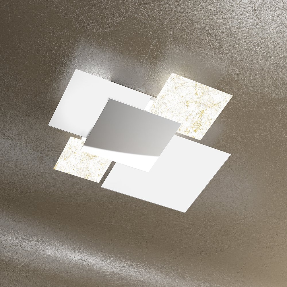 Moderne Deckenleuchte 1088/70-FO aus weißem Glas und Blattgold 4xE27