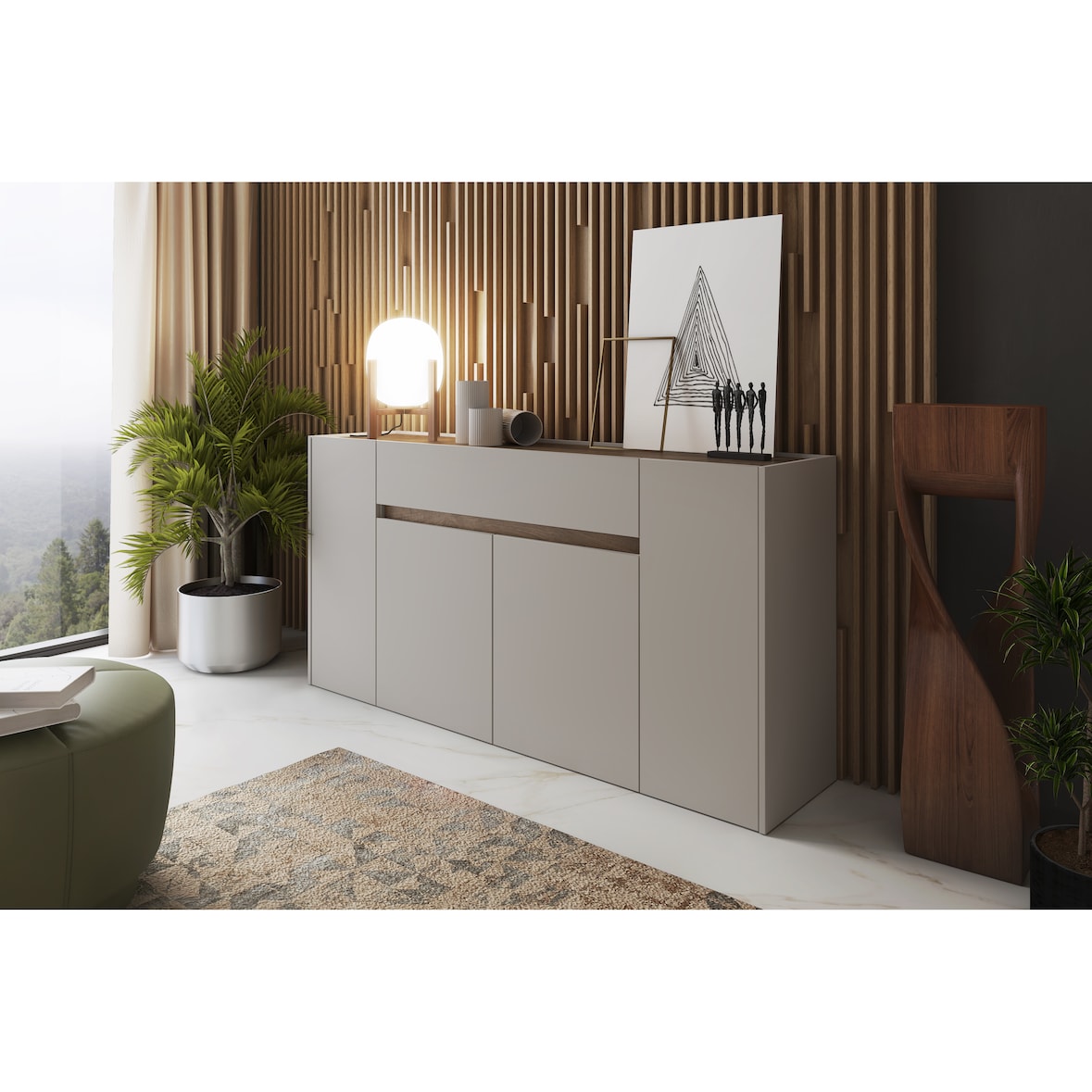 Credenza Moderna Madia In Melaminico Con 4 Ante E 1 Cassetto Mobile Contenitore Sala Pranzo Soggiorno Design Senza Maniglie 170x85x40 cm Noce Chiaro